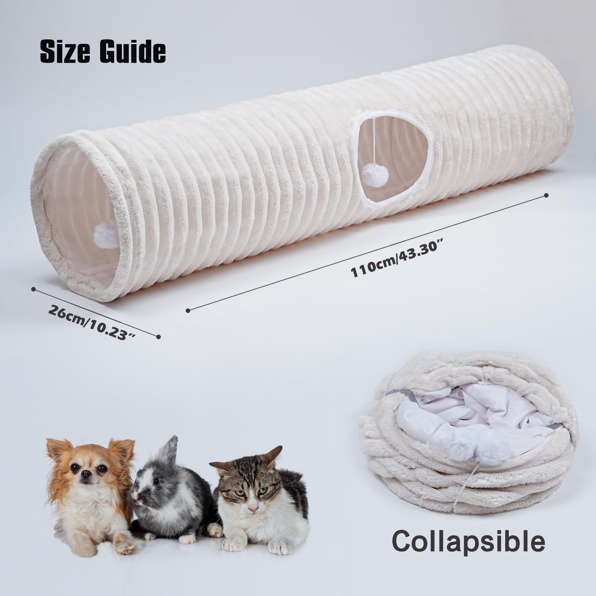 FORMYCATIE 43-inch white stripe tunnel offers cozy hiding and napping space.