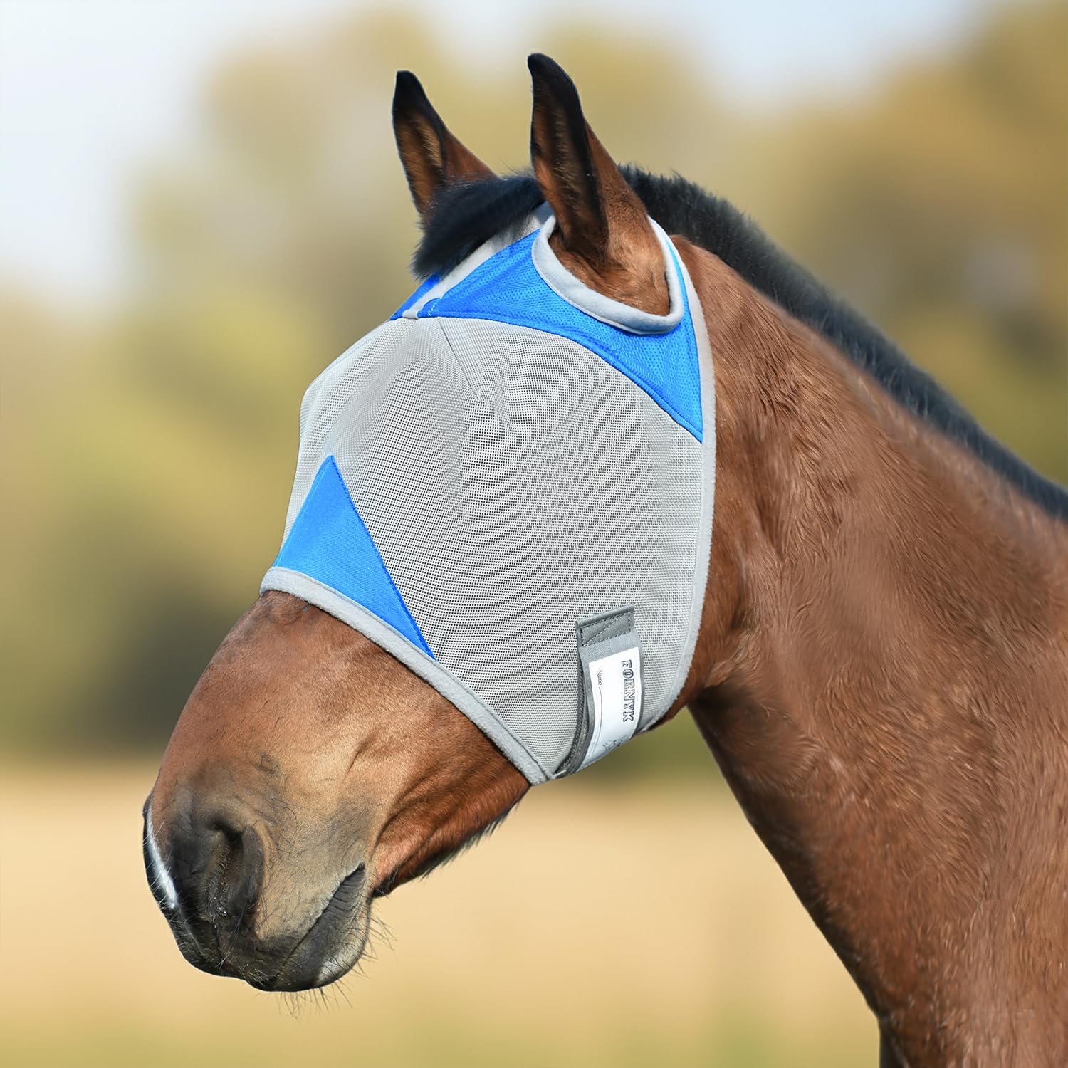 Fornyk Horse Fly Mask Without Ears with Name Tag blocks flies while keeping visibility during turnout