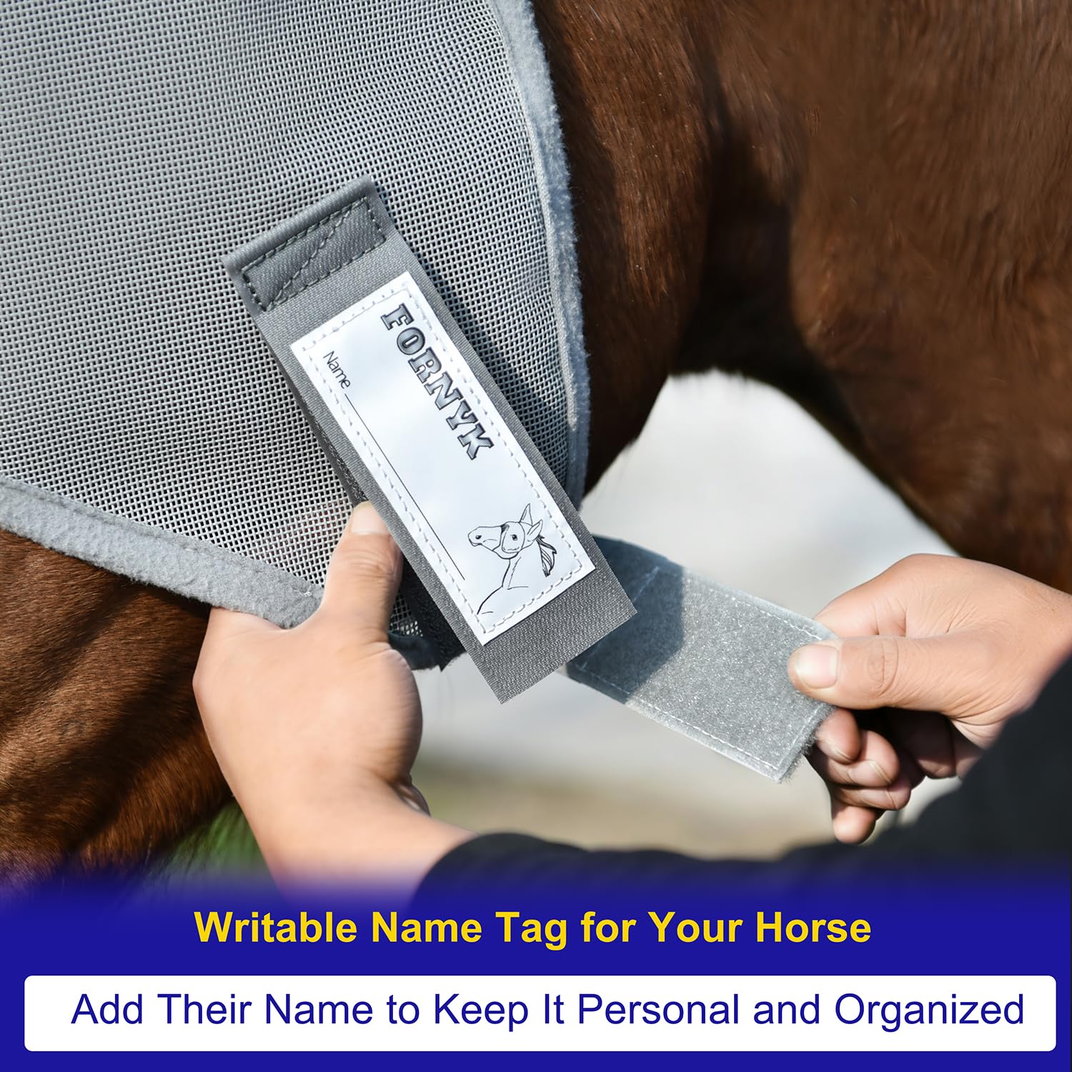 Fornyk UV shielding mask protecting the horse from sun exposure during daily use.
