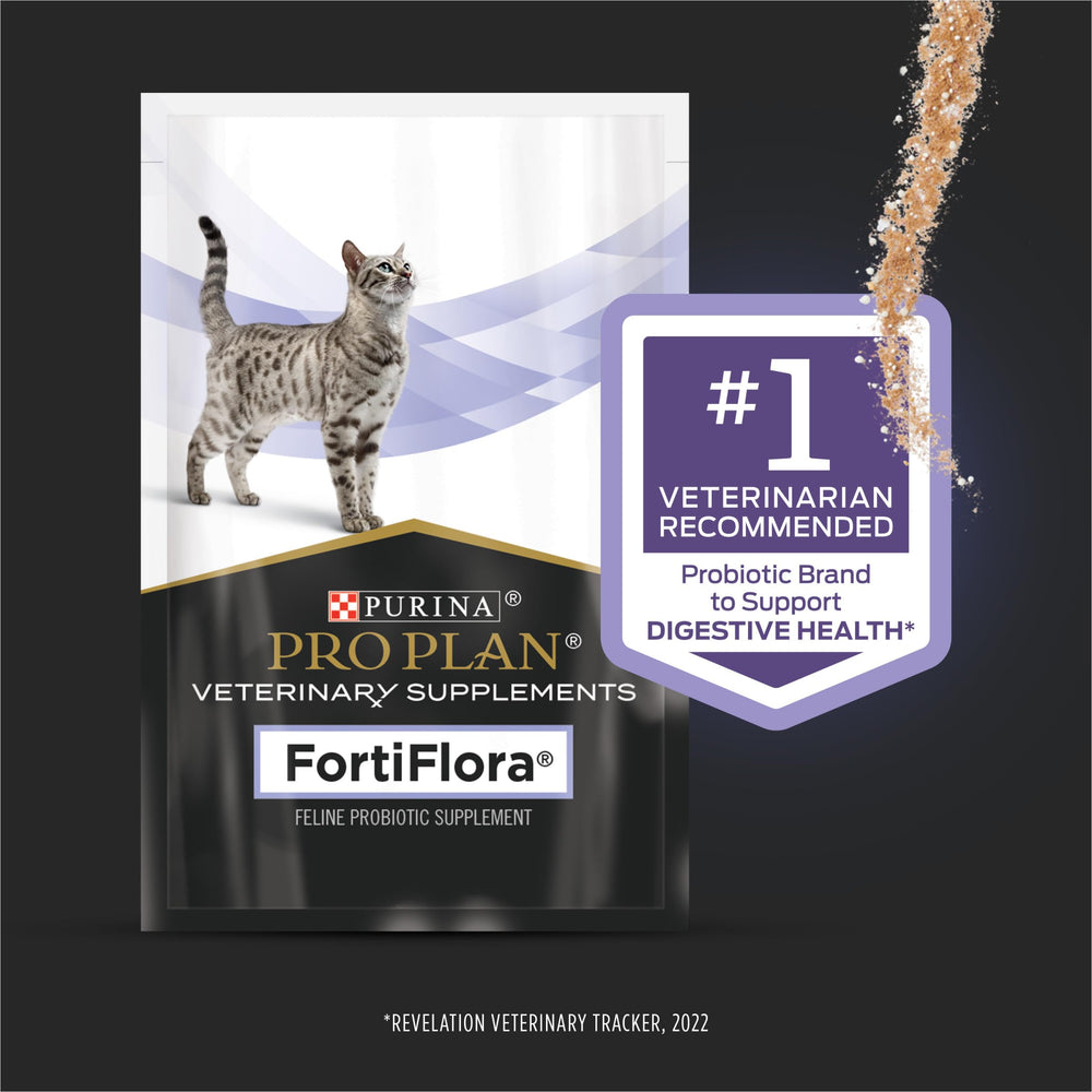 FortiFlora powder being mixed into cat food for daily use.