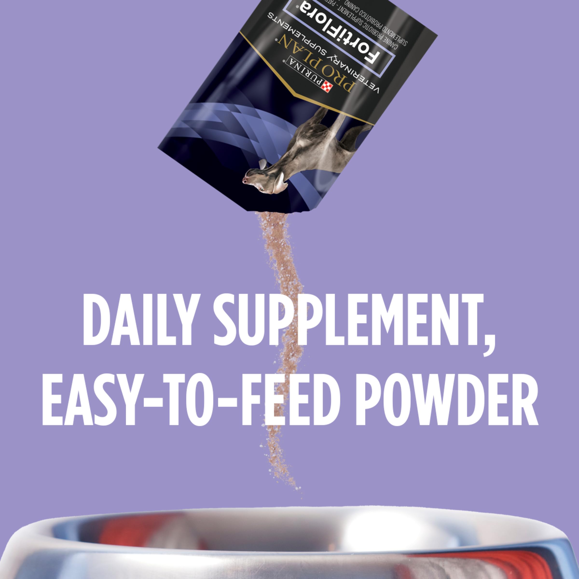 FortiFlora powder sachet ready to sprinkle on dog food.