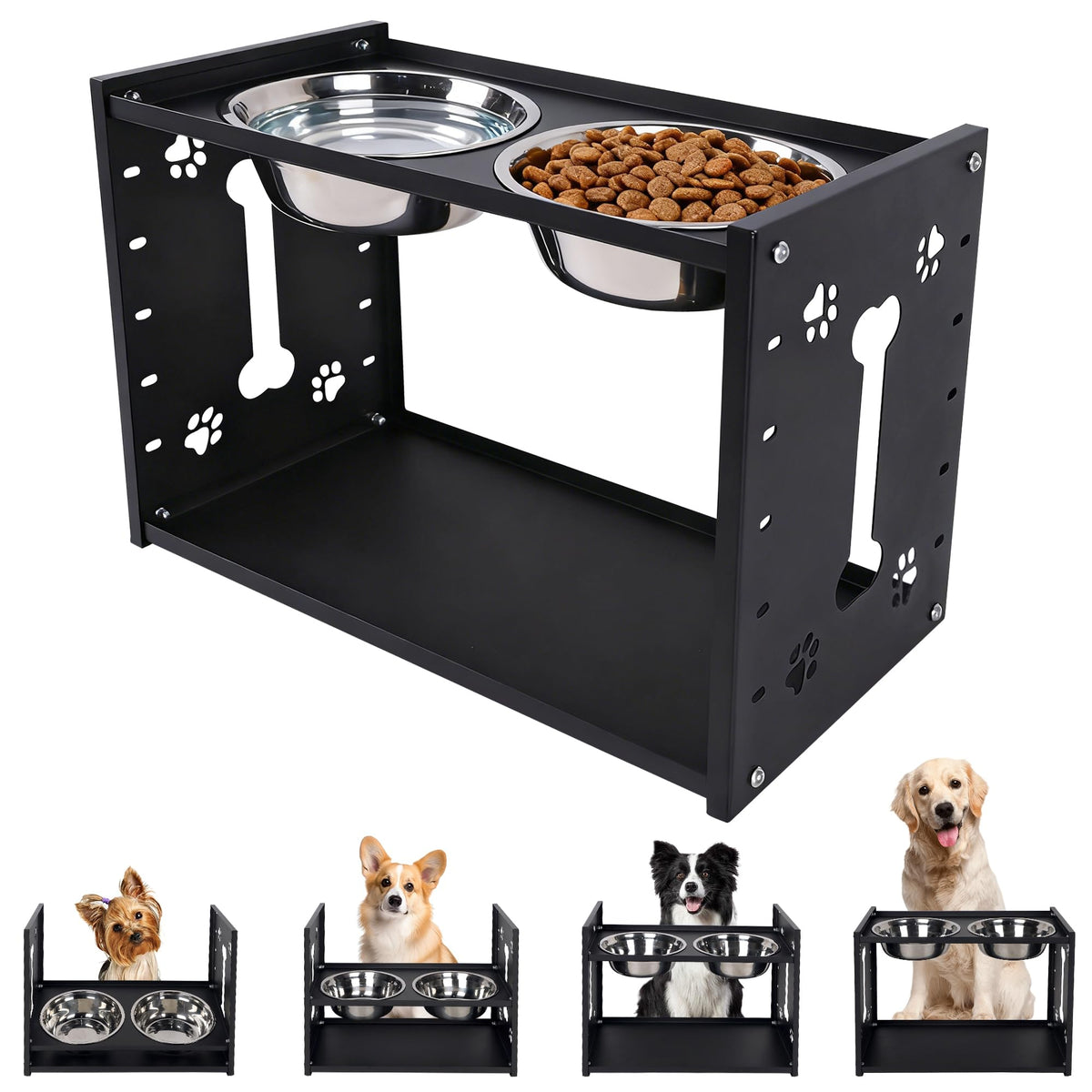 FORUP all-metal elevated dog bowls front view, sturdy frame for steady meals