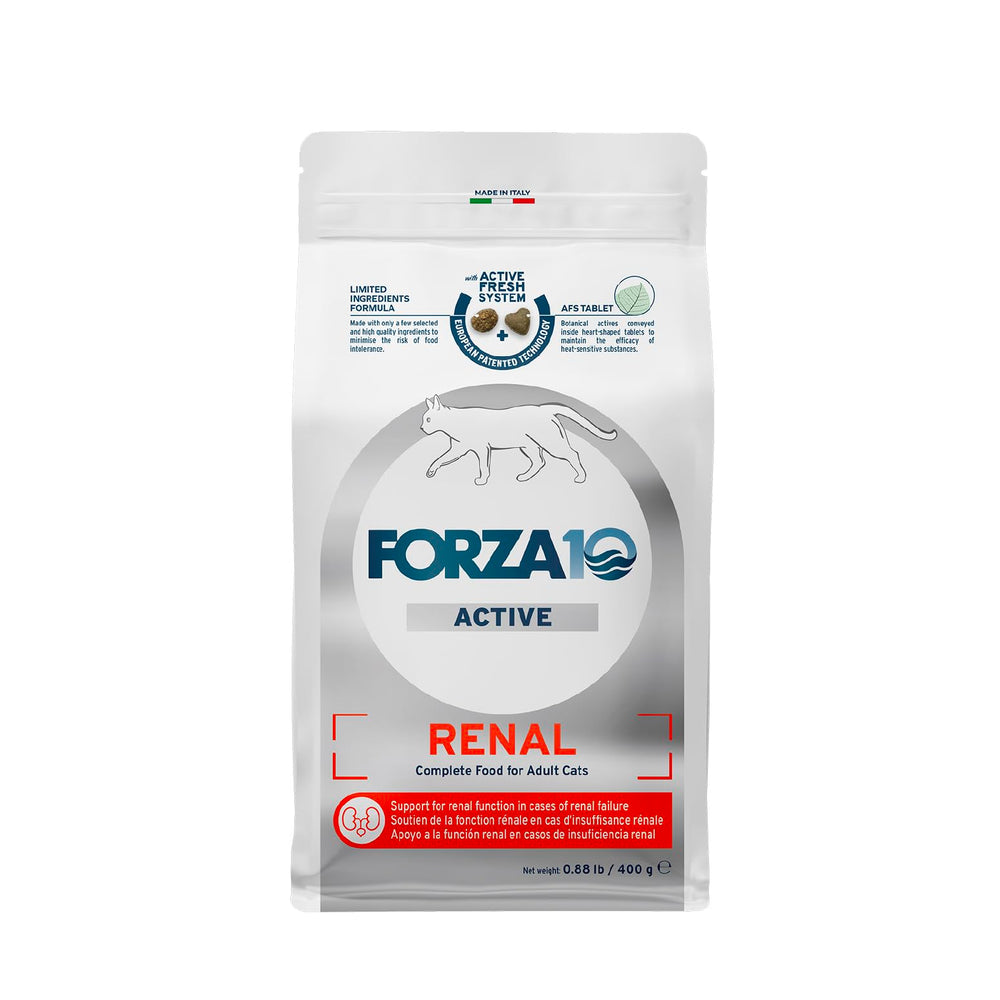 Forza10 kidney-support cat food bag shows compact 0.88 lb packaging for adult cats.
