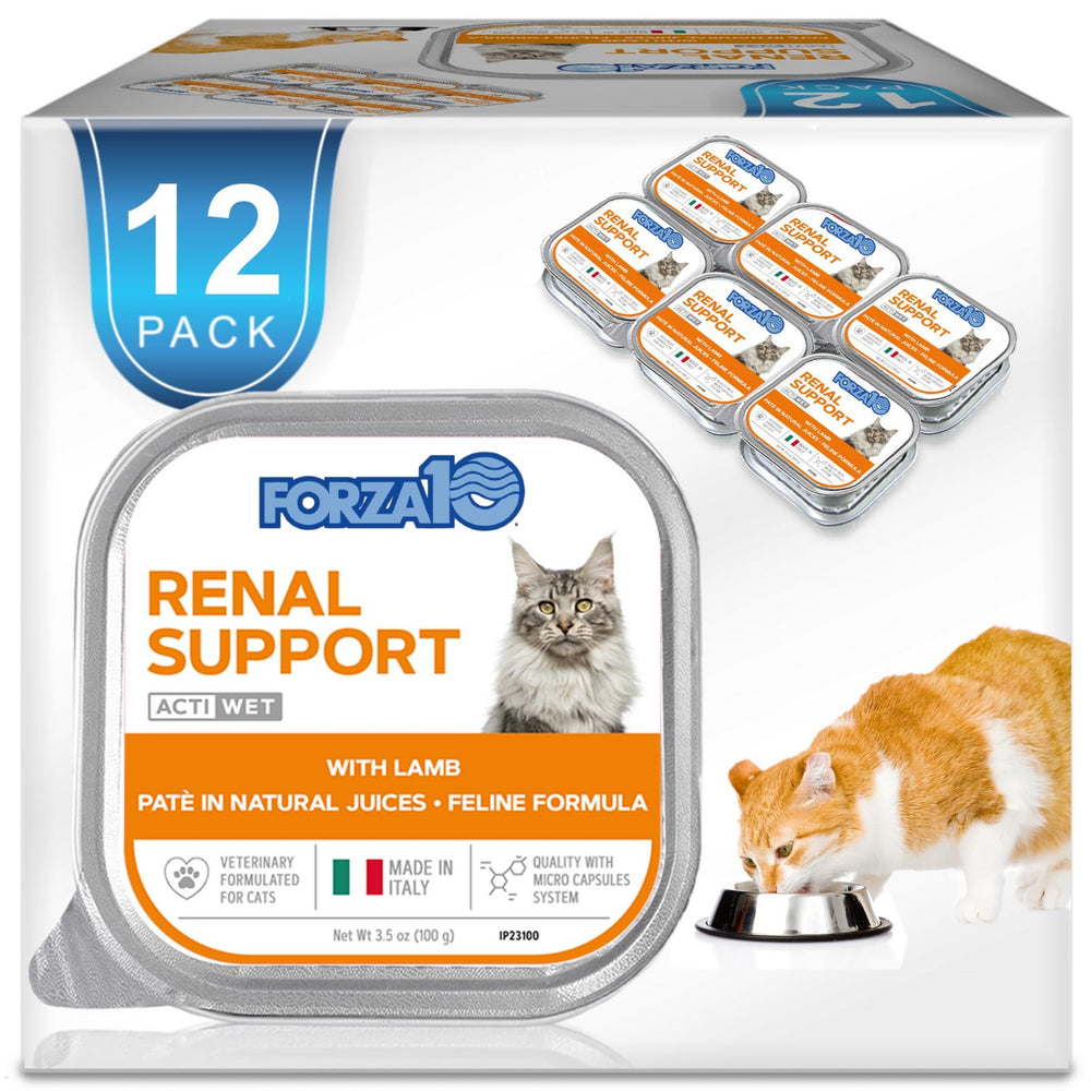 Forza10 cat renal wet lamb cans may support kidney health during daily feeding.