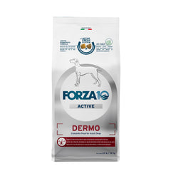 Forza10 Dermo Dry dog food bag highlighting a limited-ingredient formula for sensitive pets.