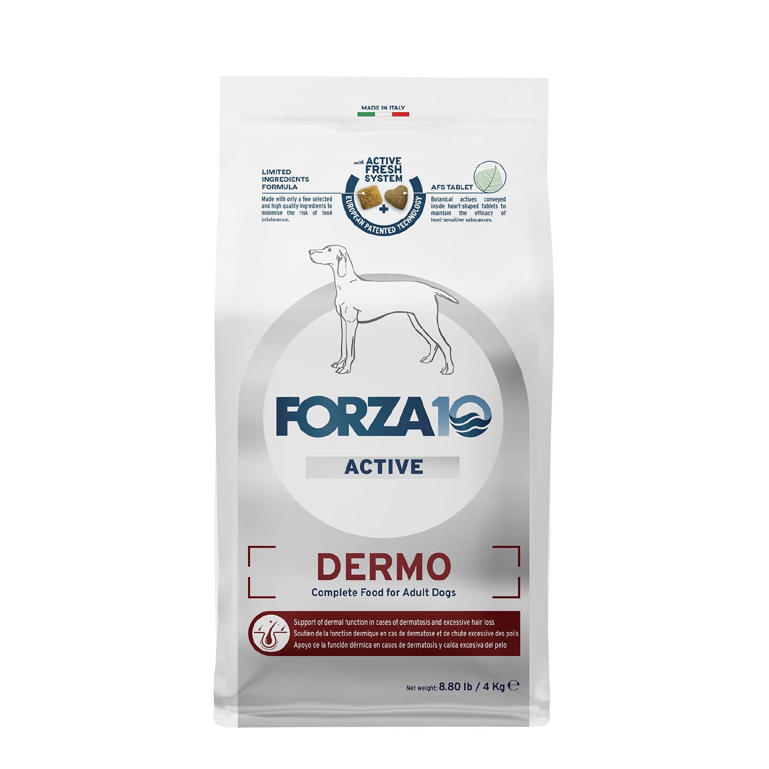 Forza10 Dermo dry dog food package shows trusted Italian nutrition for sensitive dogs