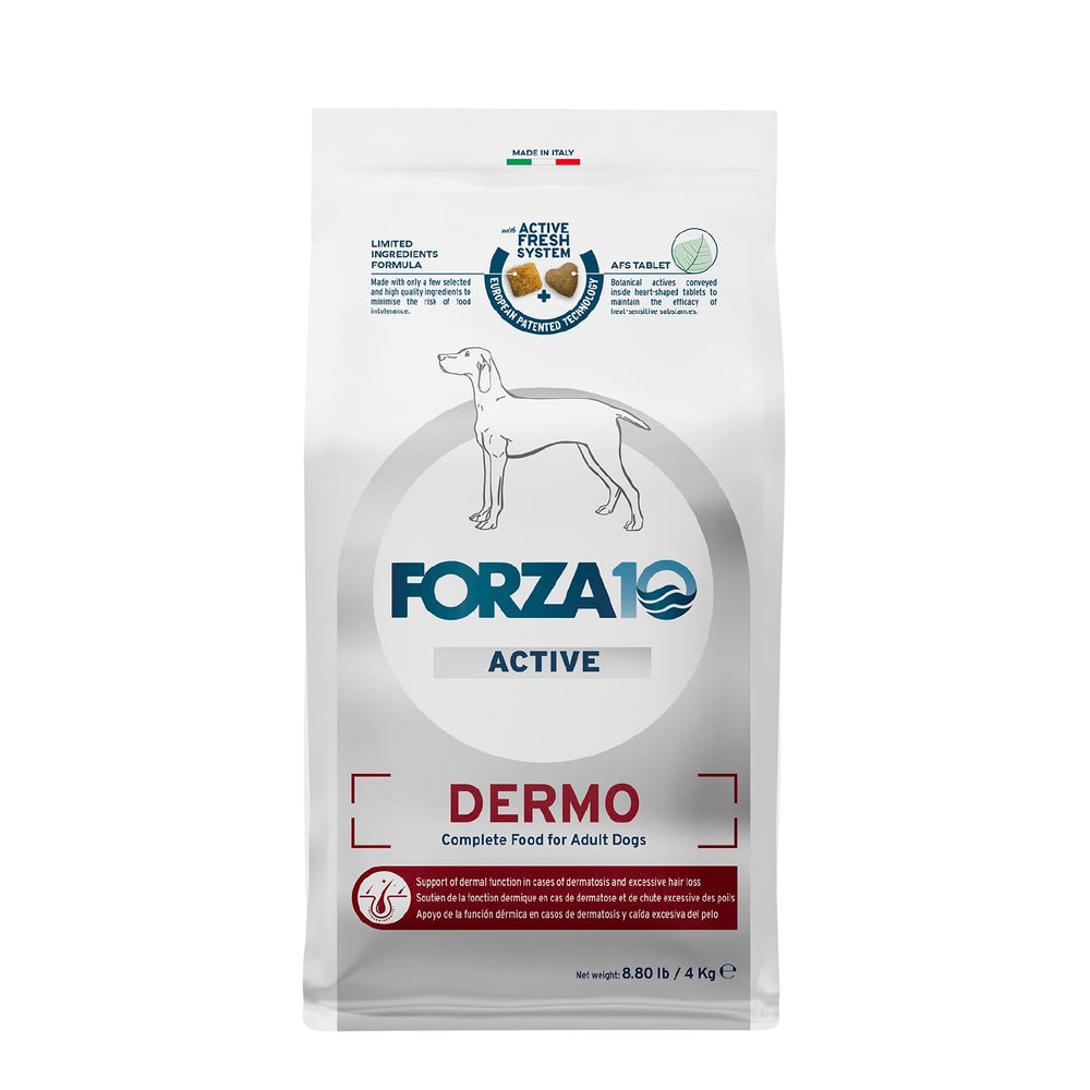 Forza10 Dermo dry dog food package shows trusted Italian nutrition for sensitive dogs