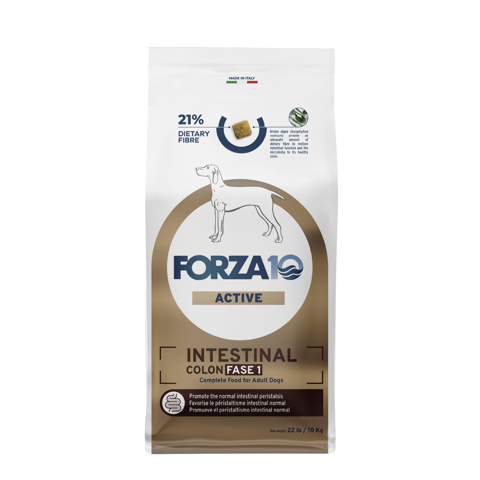 Forza10 dog food dry 22lb packaging promoting easy digestion and gut comfort.