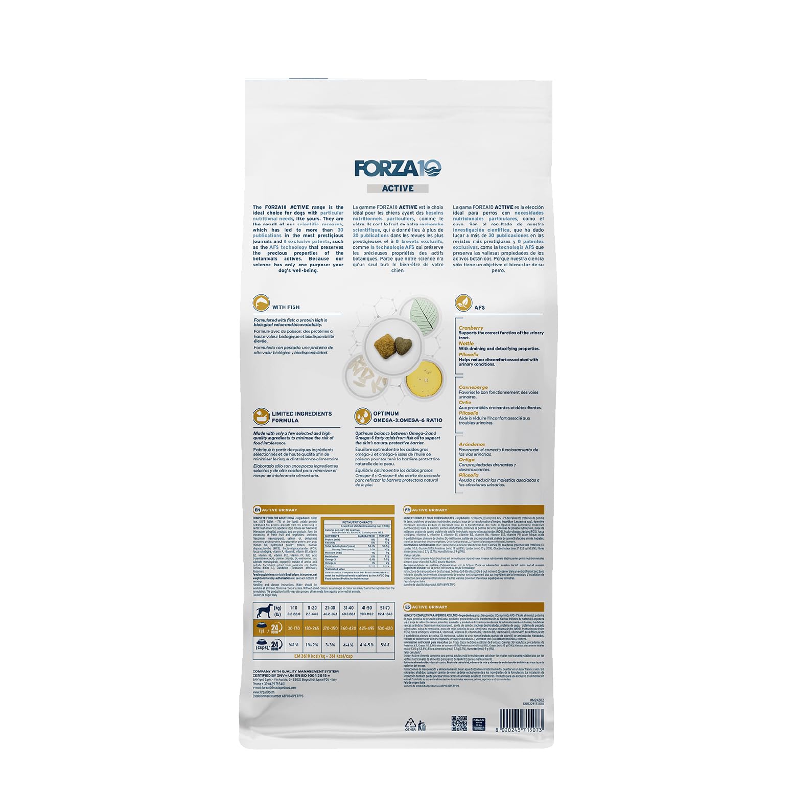 Forza10 dog food featuring wild-caught anchovies highlights skin and coat benefits.