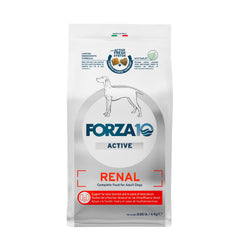 Forza10 renal dry dog food bag with kidney-friendly nutrition for dogs.