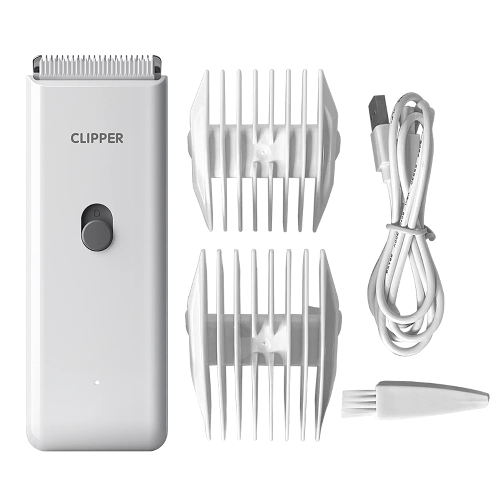 Founouly Handy Clippers kit includes charger, cleaning brush, and two comb attachments.