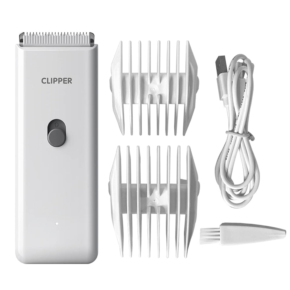 Founouly Handy Clippers kit includes charger, cleaning brush, and two comb attachments.