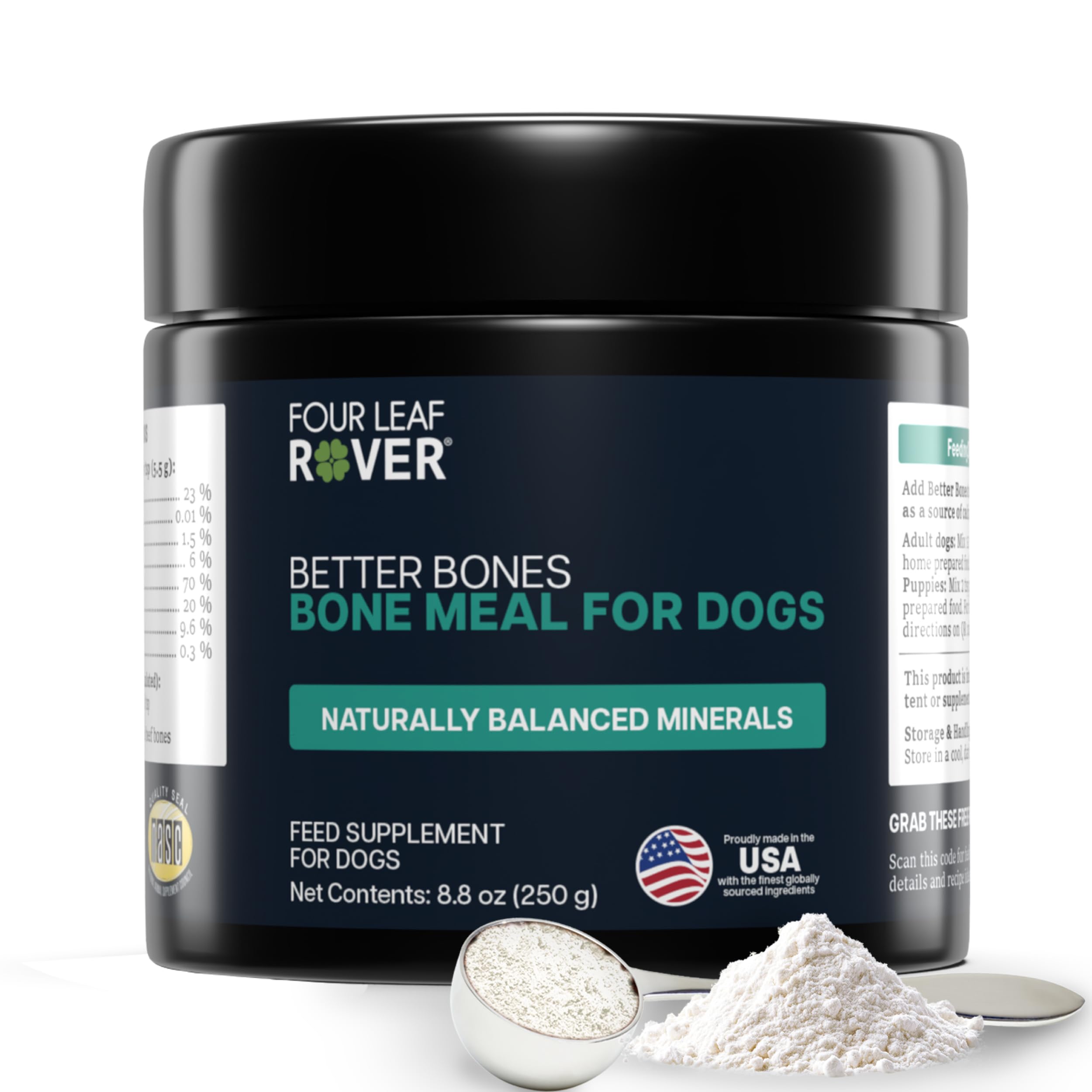 Four Leaf Rover Better Bones bone meal powder for dogs with natural minerals for joints and teeth.