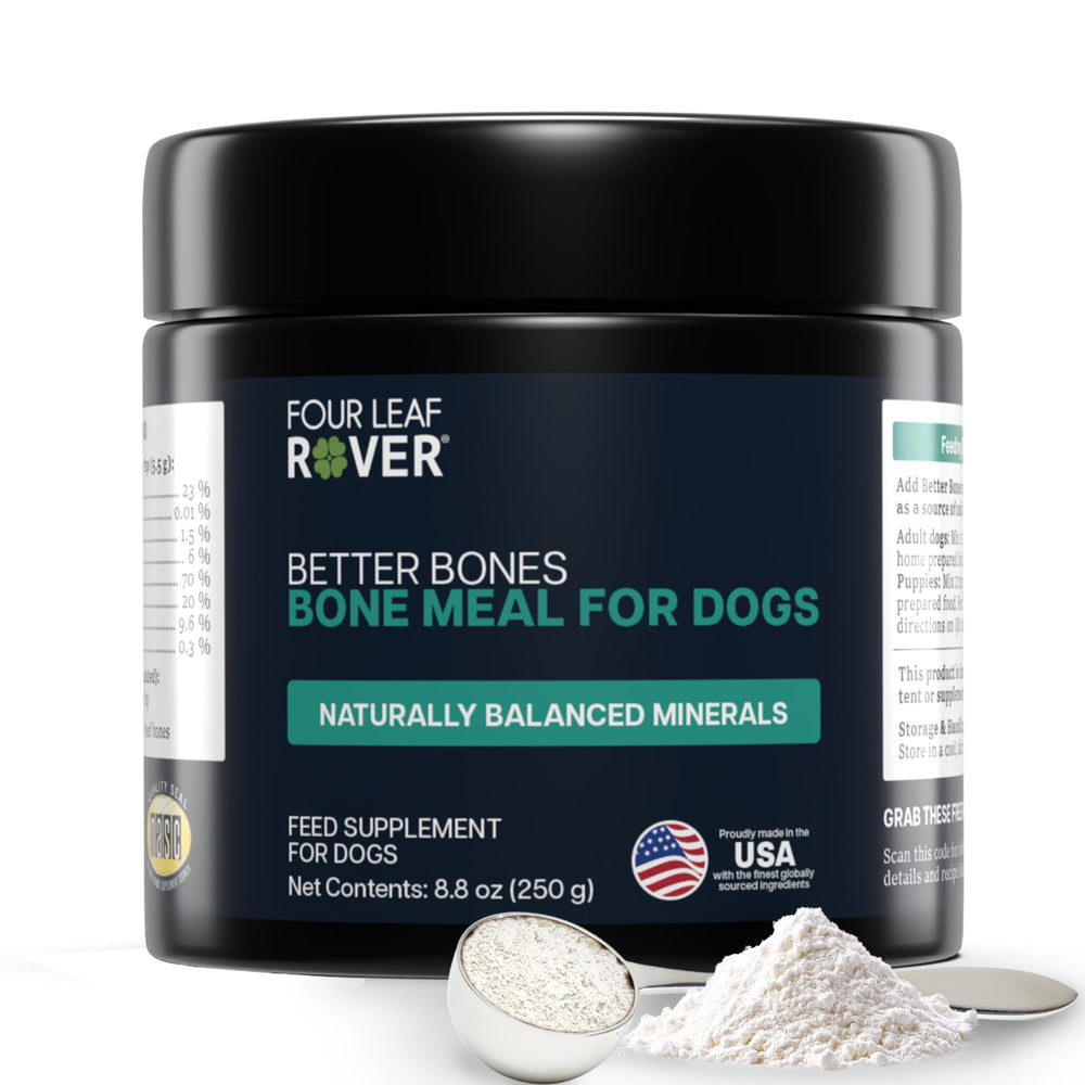 Four Leaf Rover Better Bones bone meal powder for dogs with natural minerals for joints and teeth.