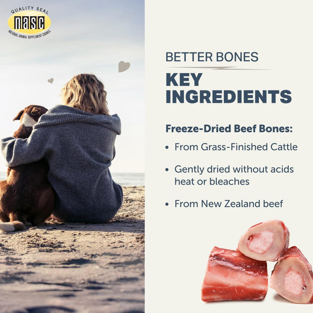 Dog enjoys Better Bones added to meals during a calm eating moment.