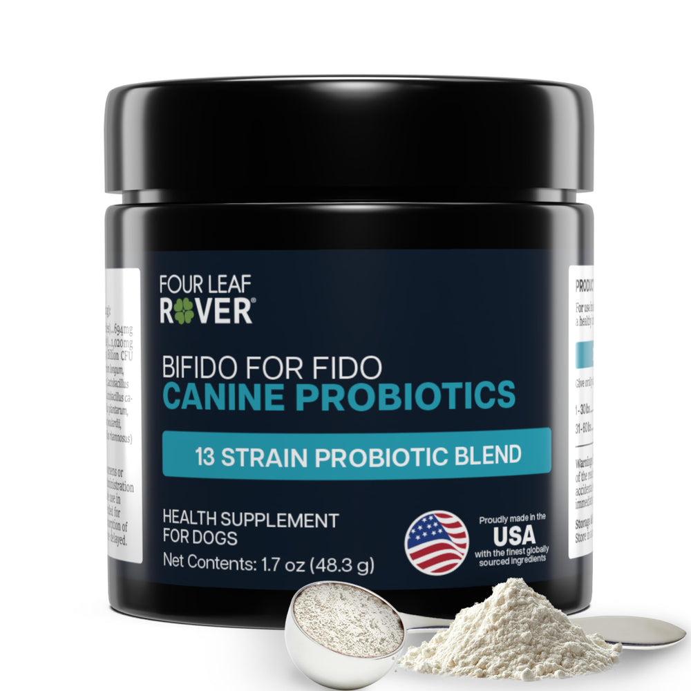 Four Leaf Rover Bifido for Fido bottle supports gut balance and immune health.