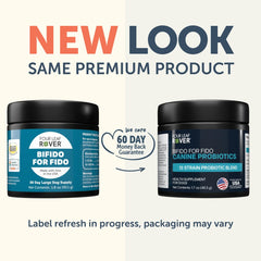 Four Leaf Rover Bifido for Fido jar label highlights probiotic blend and 50B CFU.