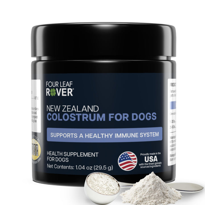 Four Leaf Rover colostrum dog tub for daily gut and immune support.