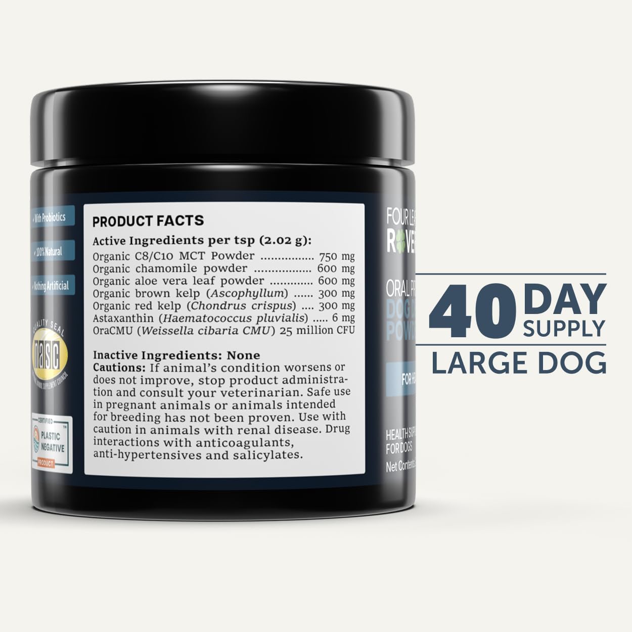 FOUR LEAF ROVER Dental Powder for Dogs organic MCT chamomile and aloe ingredients.