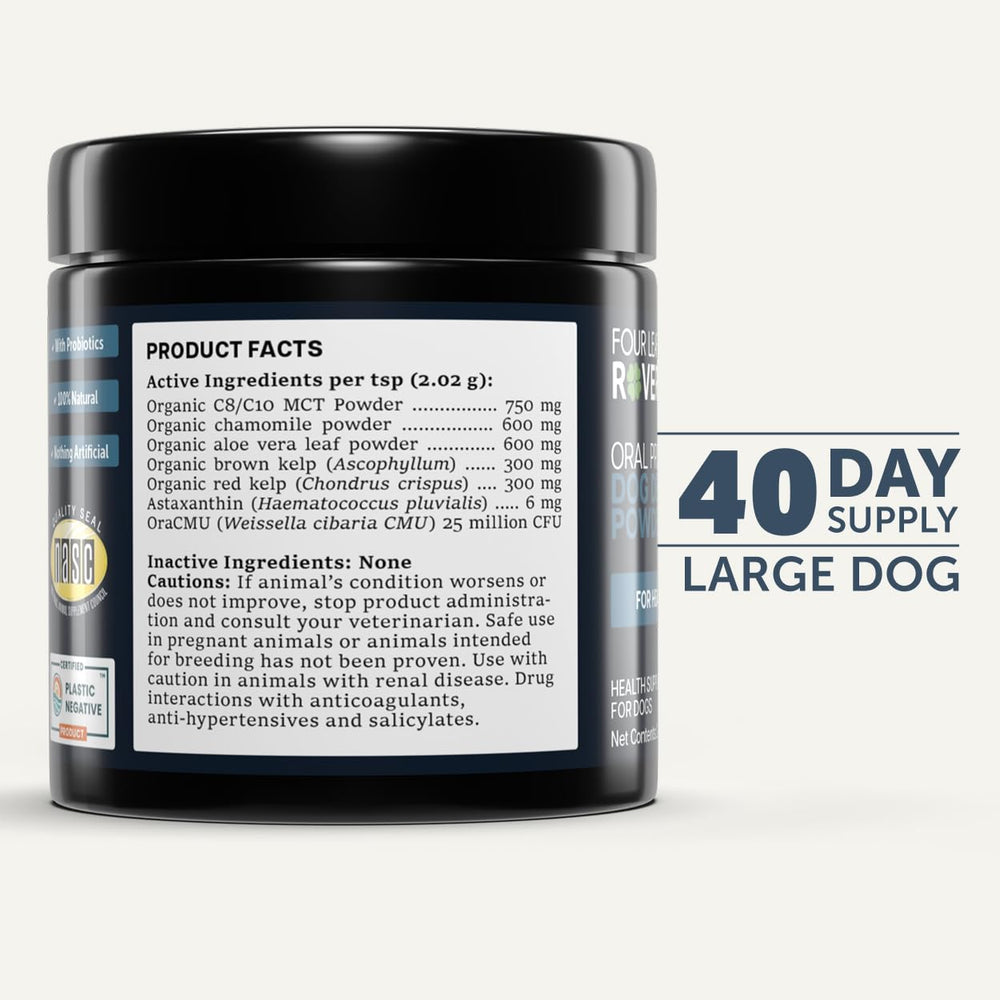 FOUR LEAF ROVER Dental Powder for Dogs organic MCT chamomile and aloe ingredients.