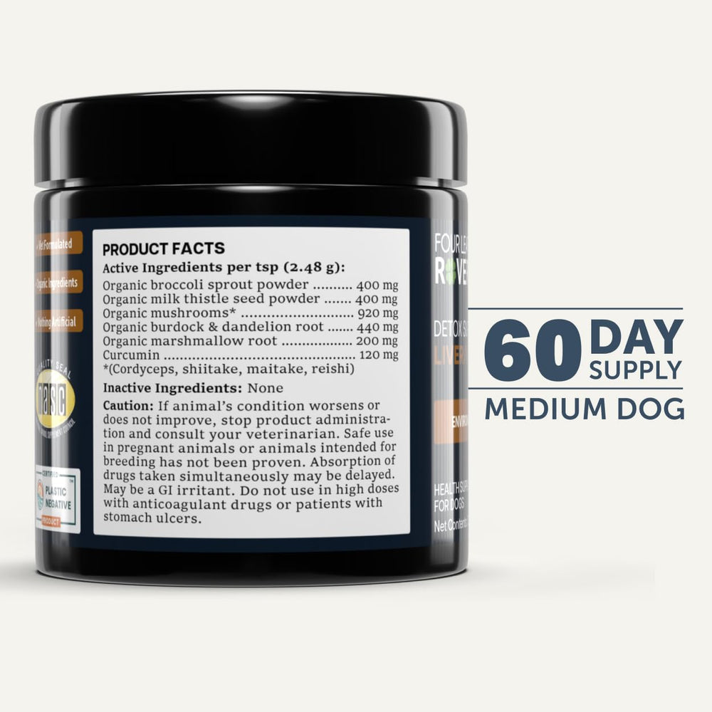 Four Leaf Rover detox-support visuals suggest routine wellness for pets