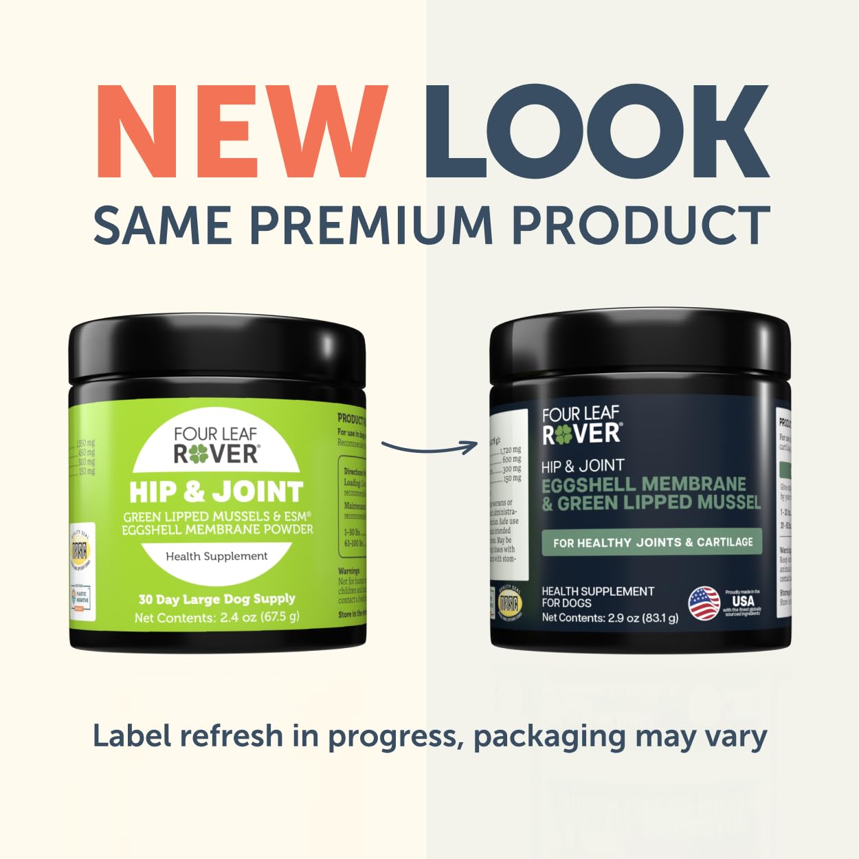 Closeup of Four Leaf Rover jar highlighting dog joint supplement packaging.