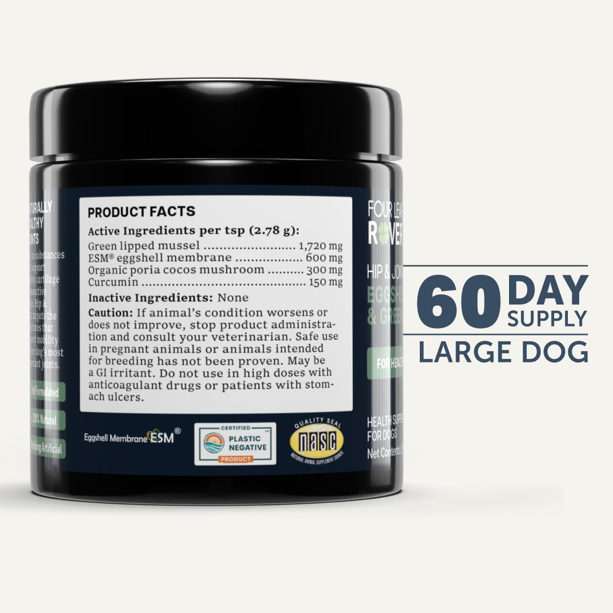 Eggshell membrane ingredient highlighted in Four Leaf Rover joint supplement packaging.