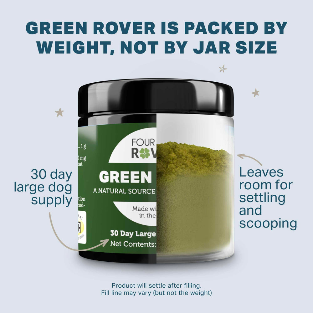 Four Leaf Rover Green Rover jar with label signaling antioxidant-rich greens.