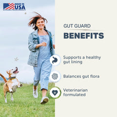 Four Leaf Rover Gut Guard ingredients close-up highlighting probiotics and herbs
