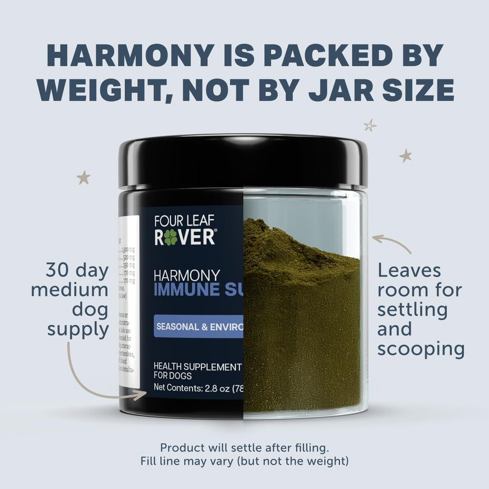 Four Leaf Rover Harmony veterinarian formulation badge signals professional backing for pet wellness.
