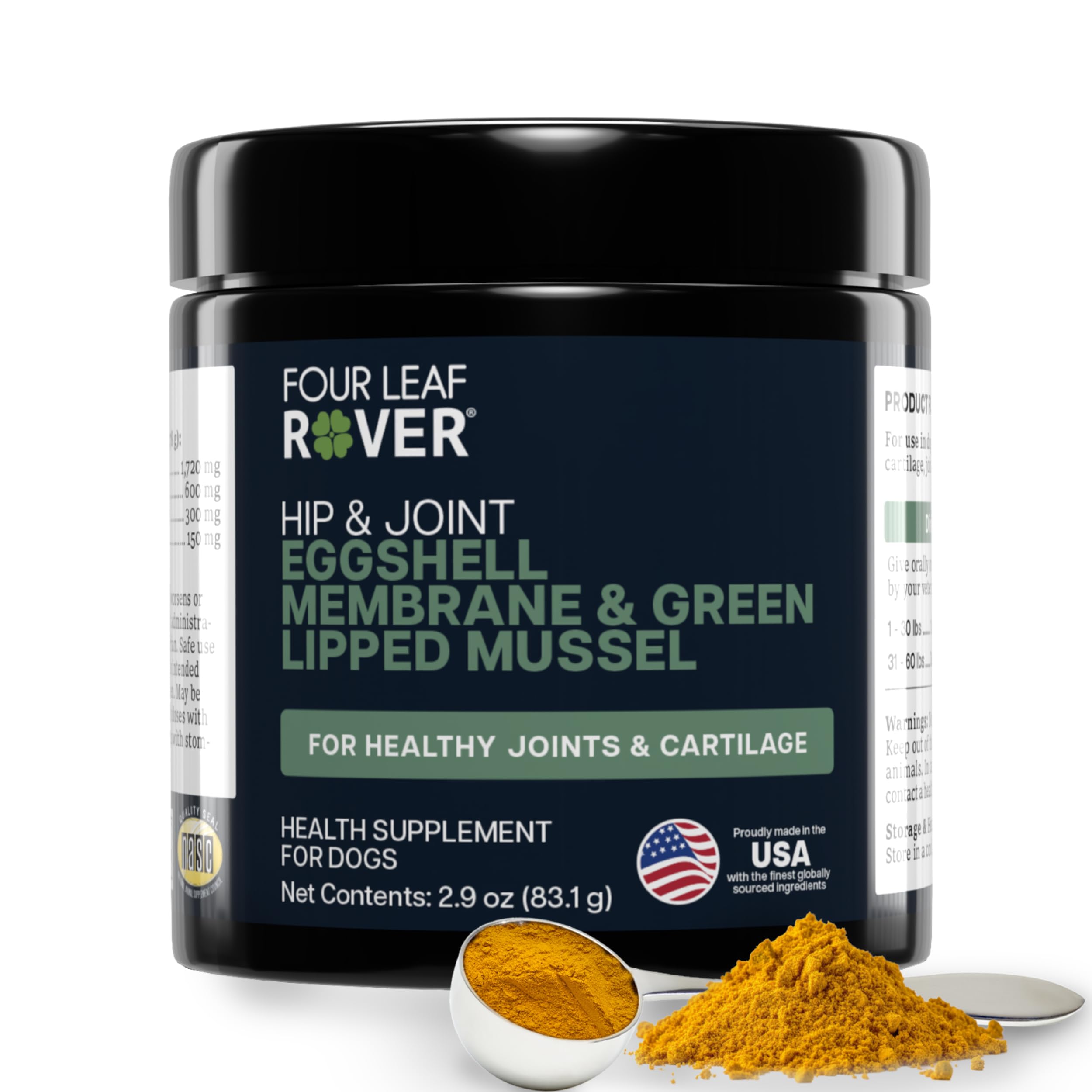 Four Leaf Rover Hip & Joint bottle-front shows vet-formulated mobility support for dogs.
