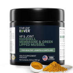 Four Leaf Rover Hip & Joint bottle with veterinarian formulation supports dog mobility