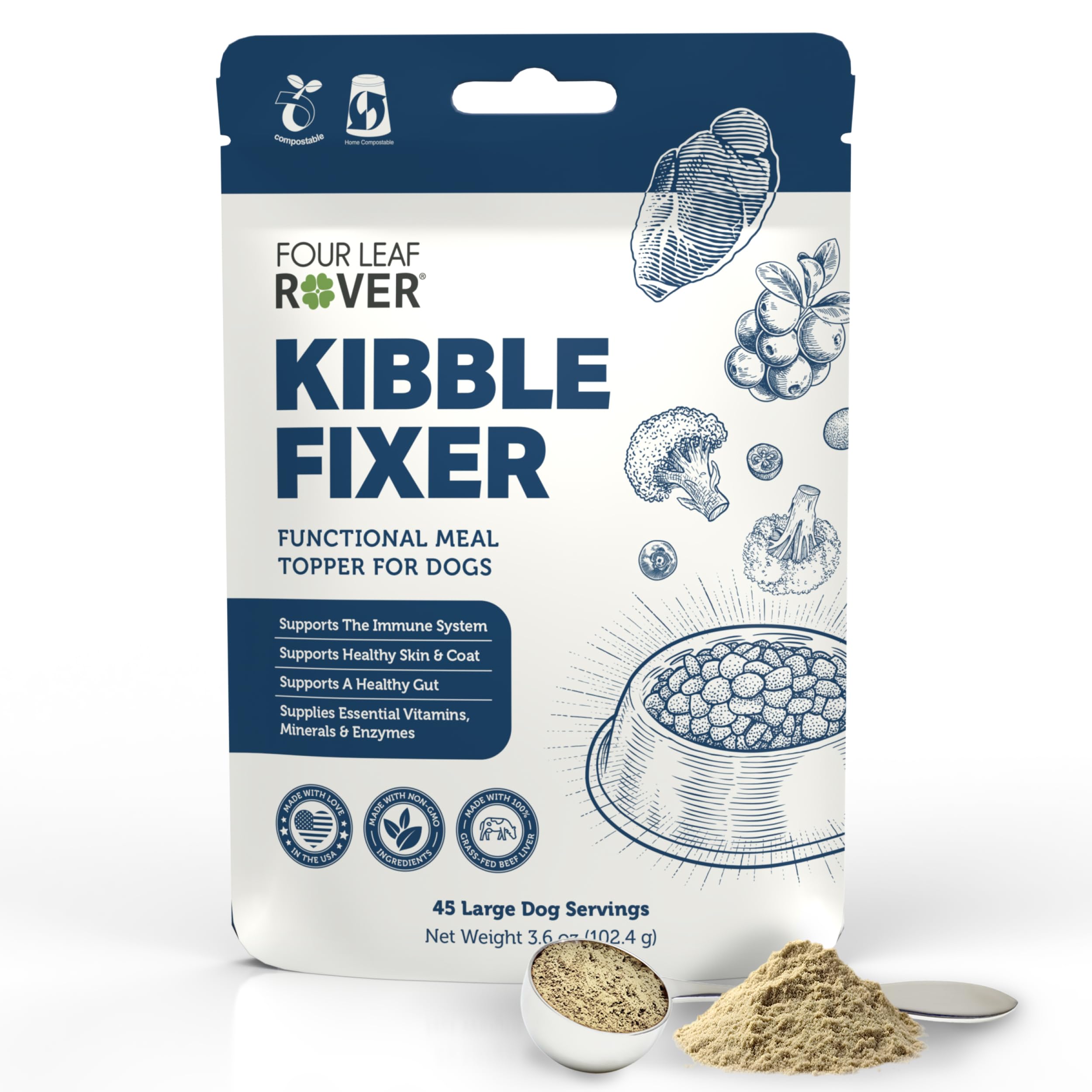 Four Leaf Rover Kibble Fixer bottle pour for easy daily meal toppers aiding digestion-friendly feeding.