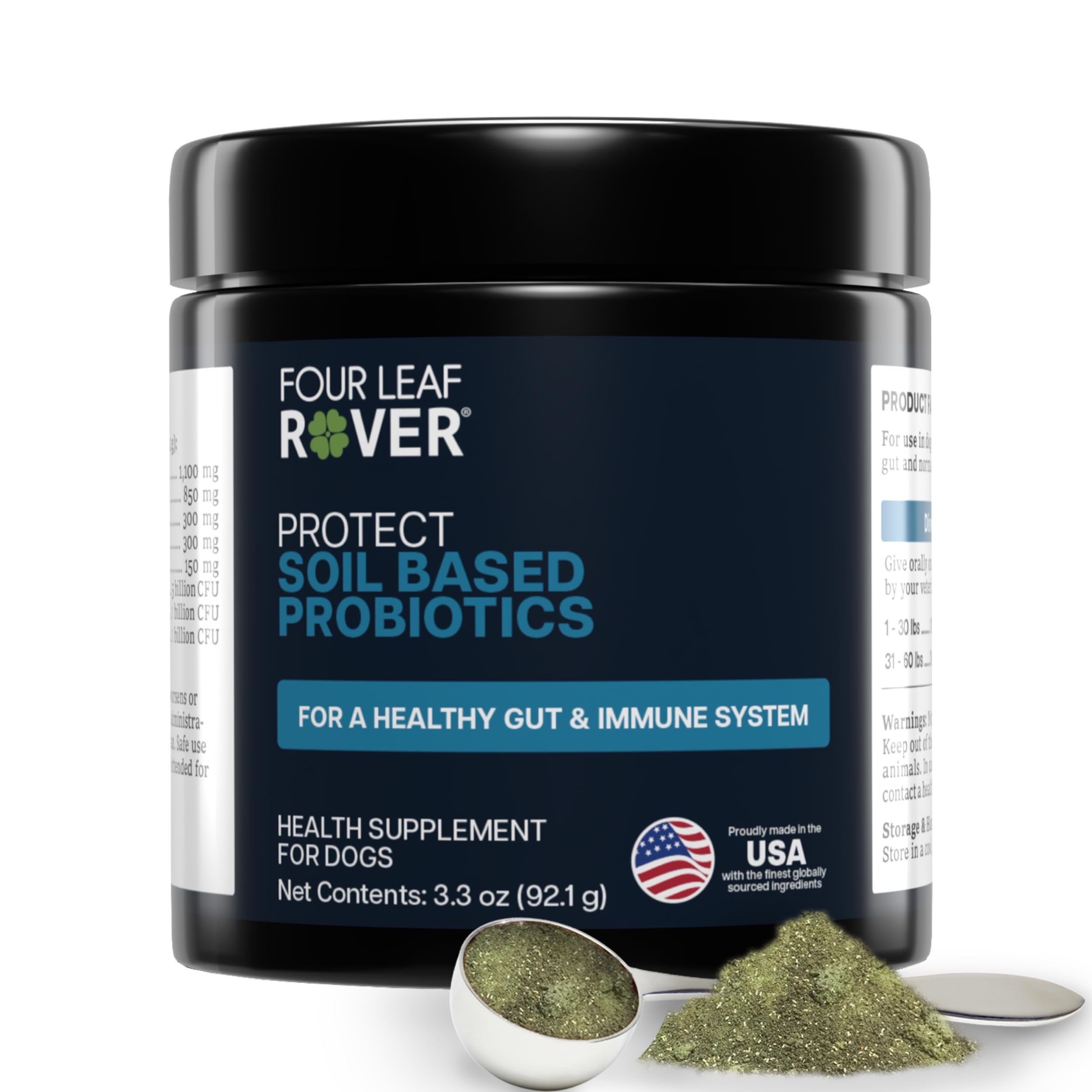 Four Leaf Rover Protect bottle front promotes gut health support.