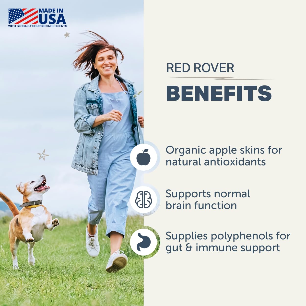 Nutrition label highlights organic berries and apple skins for dogs.