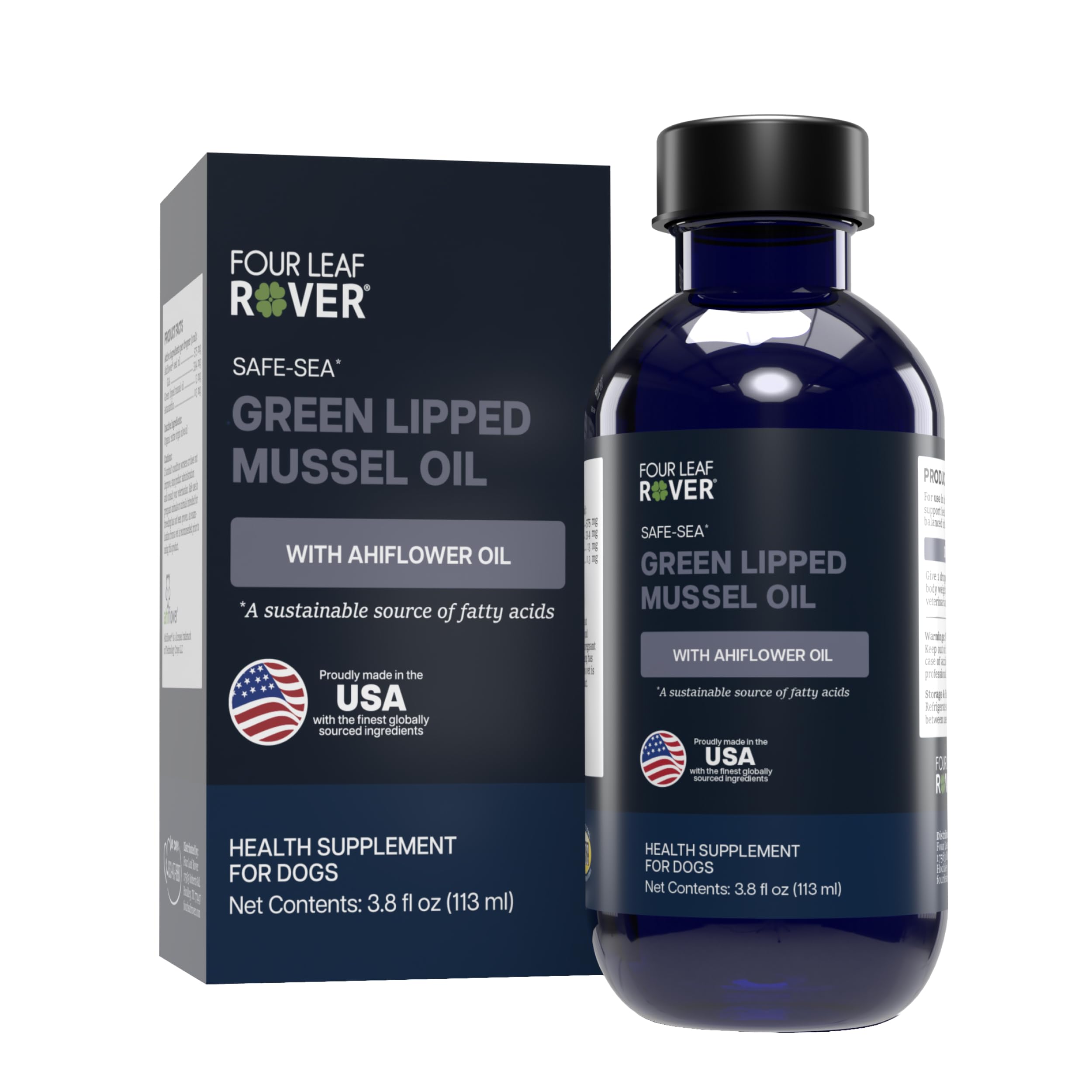 Four Leaf Rover Safe-Sea bottle highlighting joint-supporting omega-3 blend.