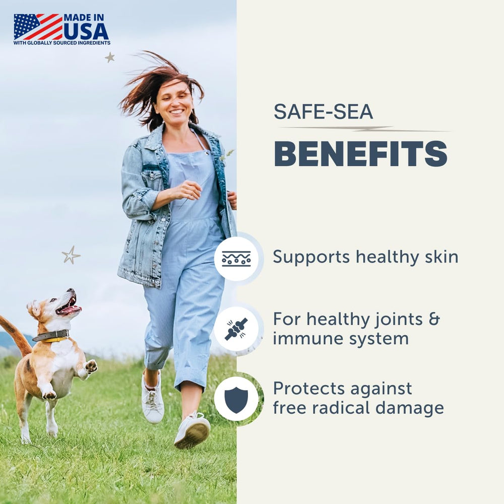 Four Leaf Rover Safe-Sea label highlighting sustainable ingredients for dogs.