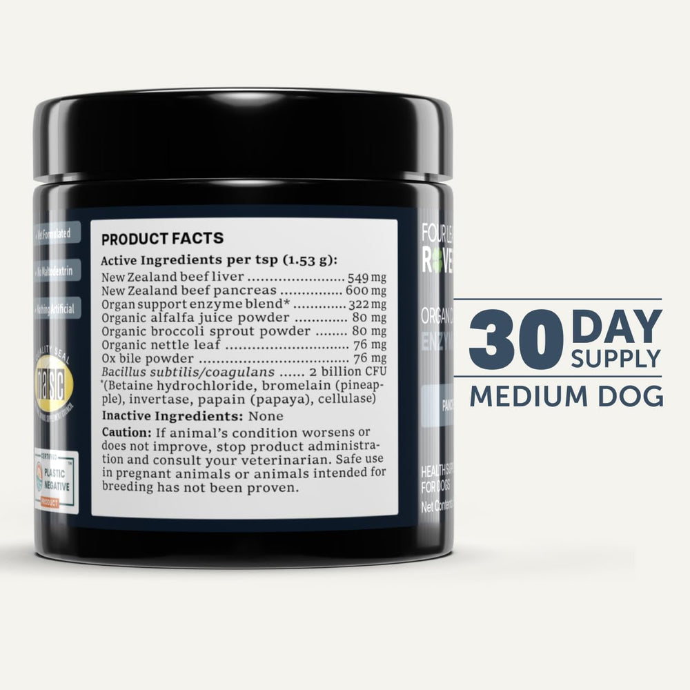 Senior dog benefiting from Four Leaf Rover digestive health support