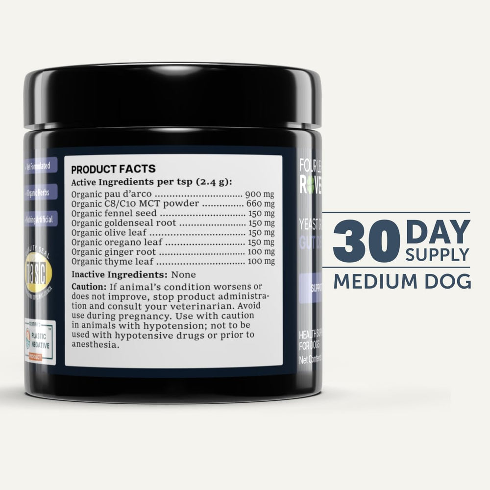 Four Leaf Rover Yeast Guard herbal blend close-up for wellness.