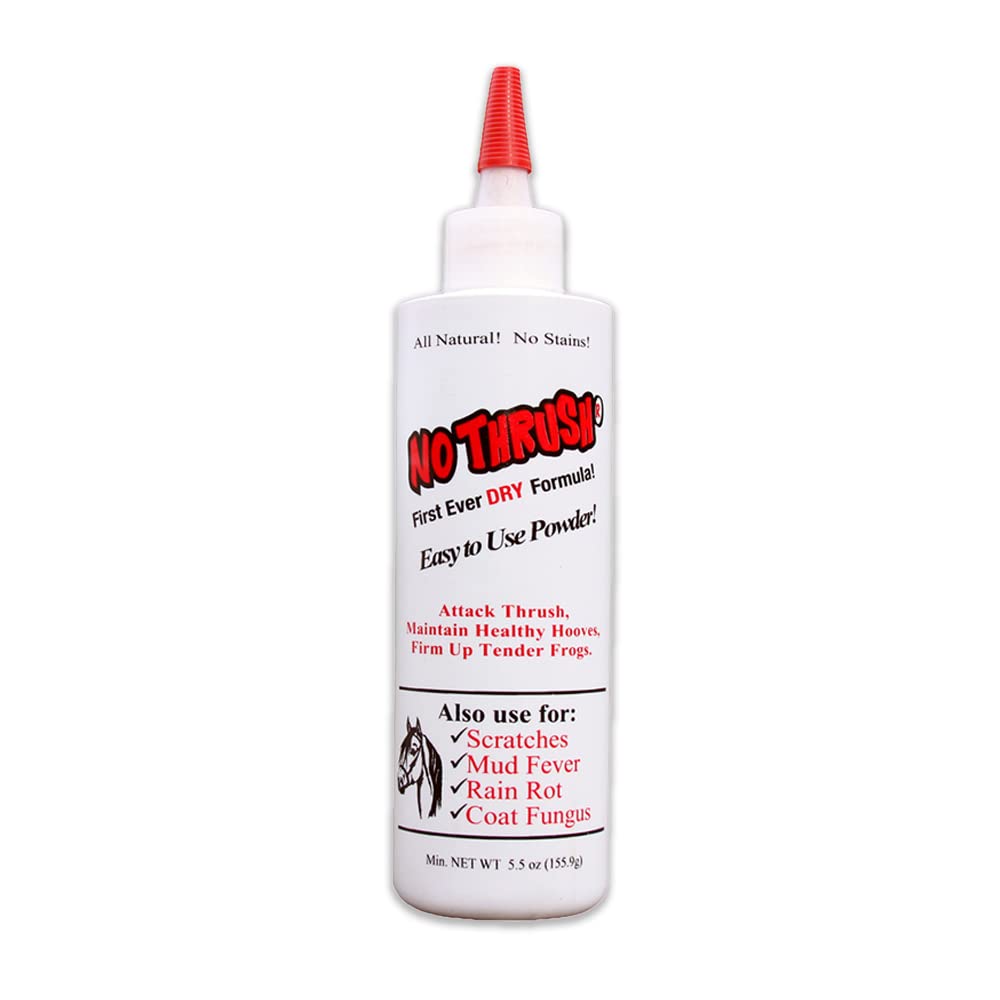 Four Oaks Farm Ventures No Thrush dry powder bottle for easy hoof treatment