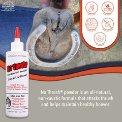 No Thrush dry powder being dusted into hoof grooves for targeted care