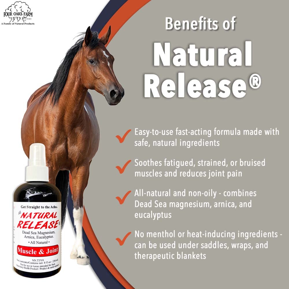 Four Oaks Farm Ventures Arnica Eucalyptus ingredients highlighted for soothing horse care.