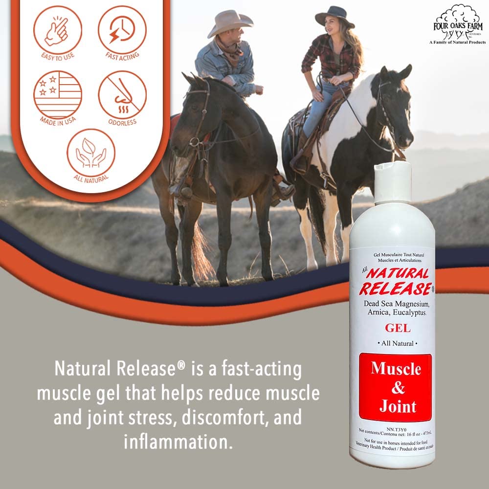 Four Oaks Farm Ventures Natural Release application on horse leg demonstrates targeted relief.