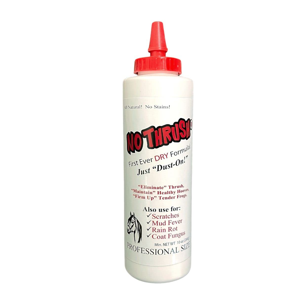 Four Oaks Farm Ventures No Thrush powder bottle ready for easy hoof treatment.