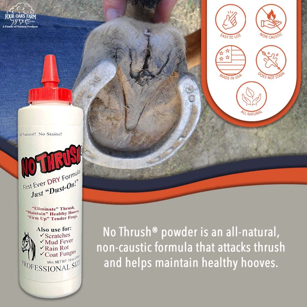 Dusting No Thrush powder into hoof grooves for healthy hoof surfaces.
