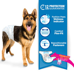 Four Paws Wee-Wee diaper with repositionable fasteners for snug, tear-free adjustments.