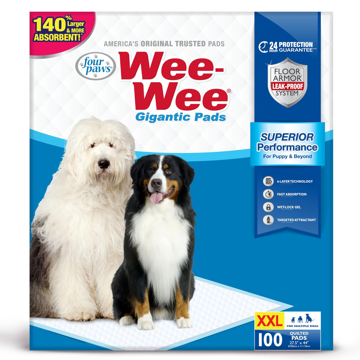 Four Paws Wee-Wee gigantic-pad-coverage image highlights extended protection for large dogs.
