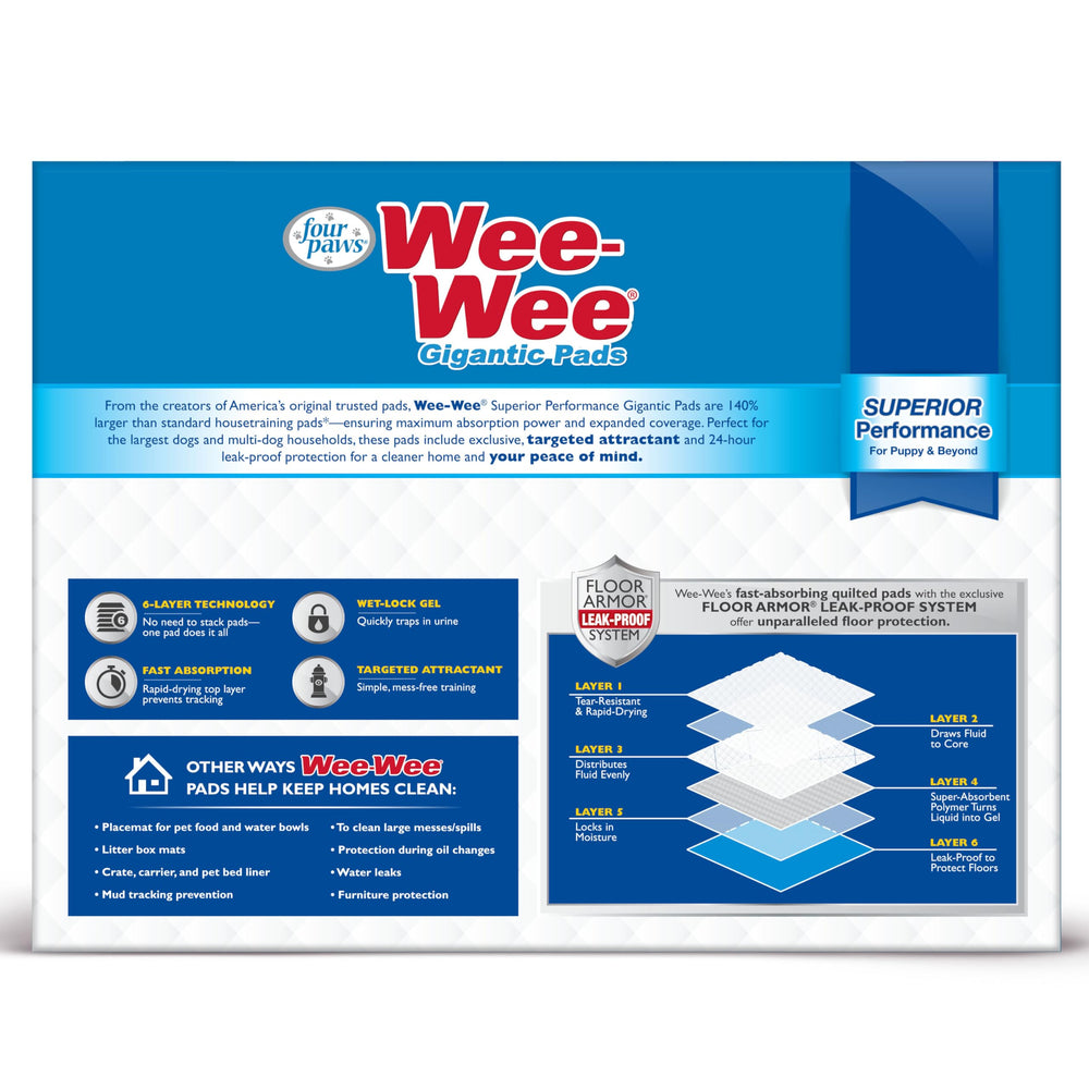 Four Paws Wee-Wee pad 6-layer leakproof guards floors during training.
