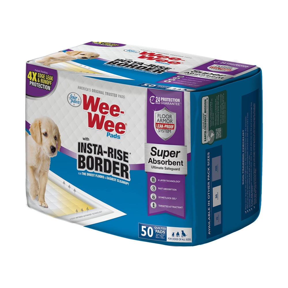 Four Paws Wee-Wee pad features Floor Armor for moisture control.