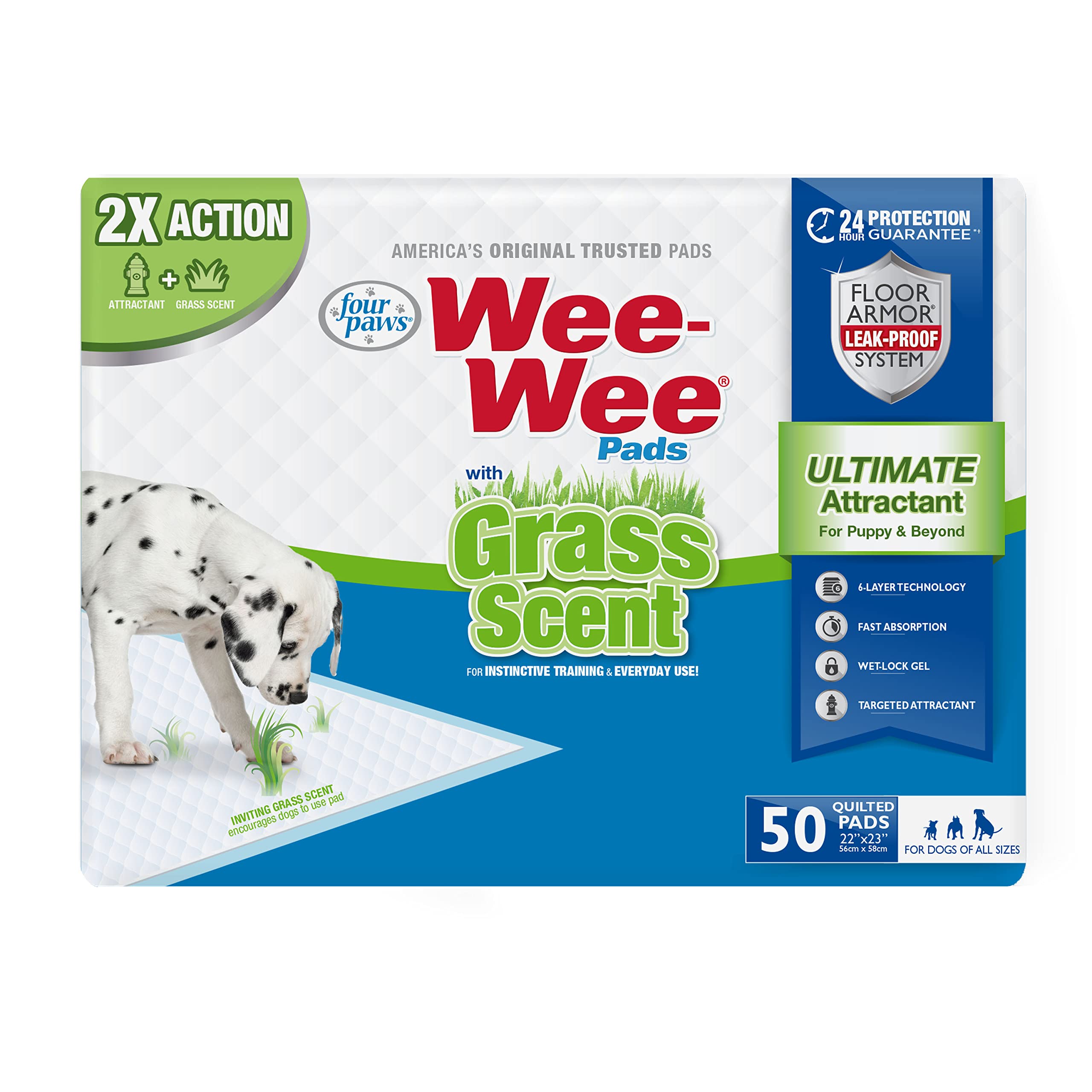 Four Paws Wee-Wee Ultimate attractant pad with grass scent aids indoor potty training.